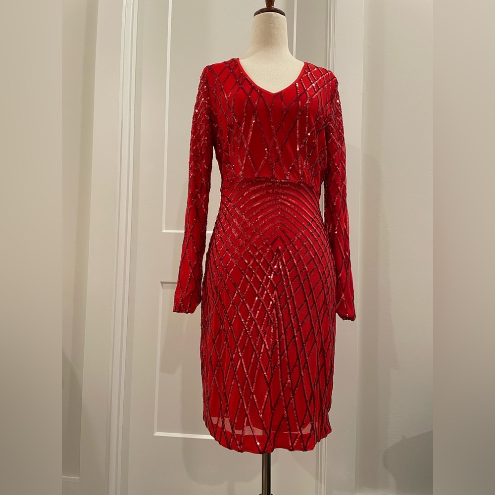 Boston Proper red mesh sequin long sleeve dress Size XS